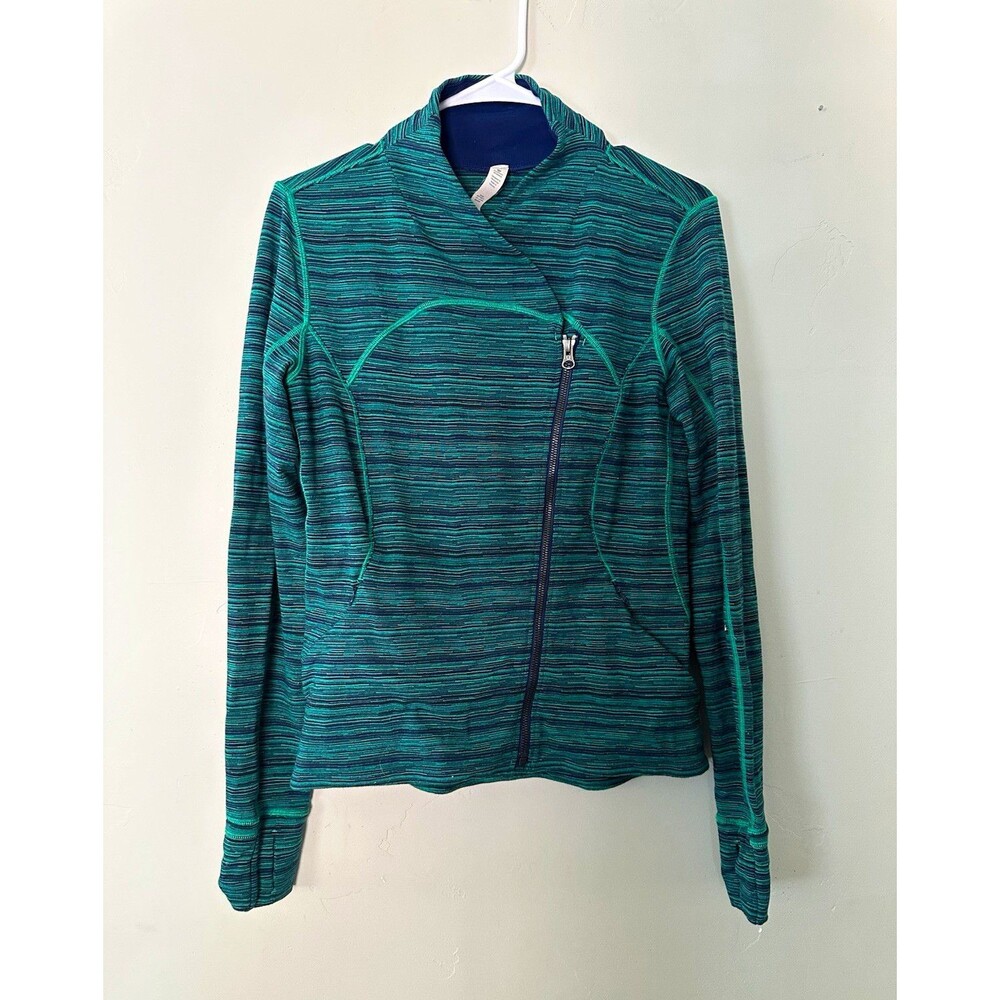 lululemon athletica Track Jacket Green/Blue Striped Full Zip Pockets Size 10